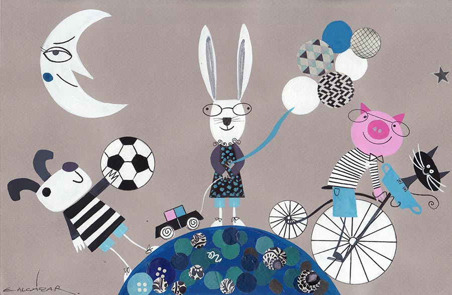 Agencia de ilustración June Illustration, ilustradora Eugenia Alcázar, composición con conejo, cerdo, perro, gato y la luna