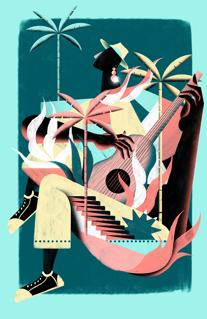 Agencia de ilustración June Illustration, ilustrador Dalton Albertin, músico con guitarra