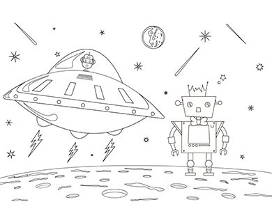 Dibujos para colorear del espacio con robots y naves para niños.