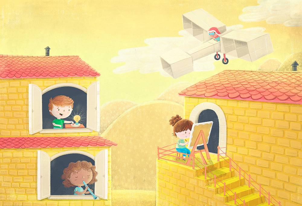 Ilustrador Mathias Townsend, ilustración Kids and Airplane