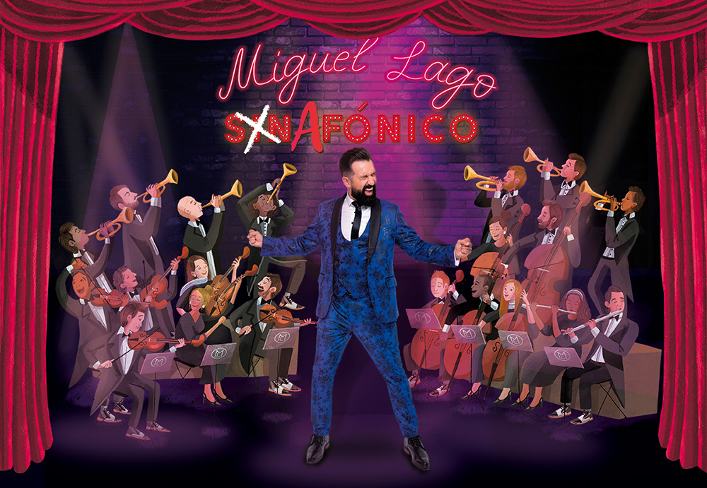 La ilustradora Andrea Castro realiza ilustración de una orquesta y diseño para cartel de espectáculo Afónico de Miguel Lago.